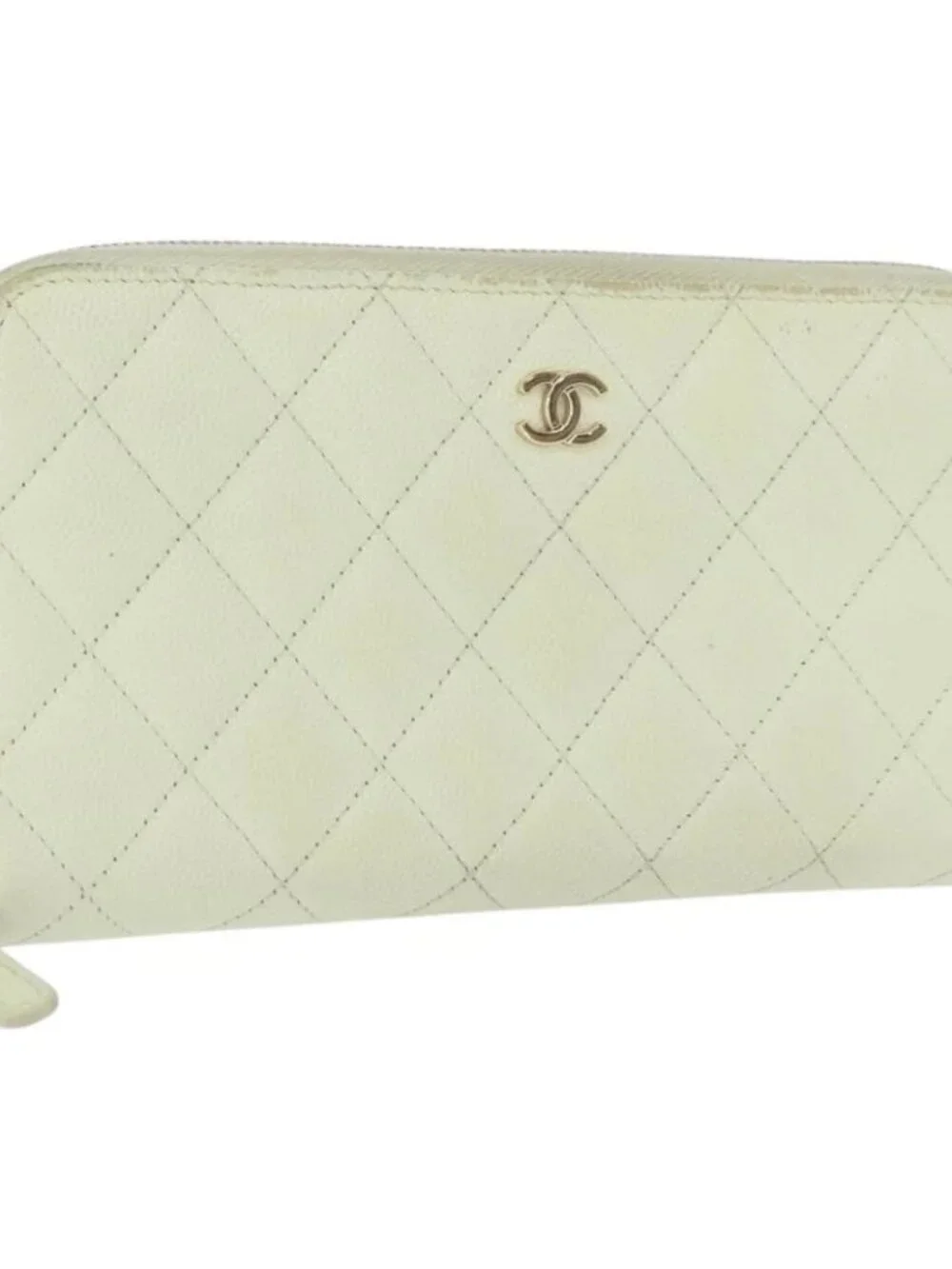 CHANEL Long Wallet Grained Calf Skin Green Gold CC Auth 164071A